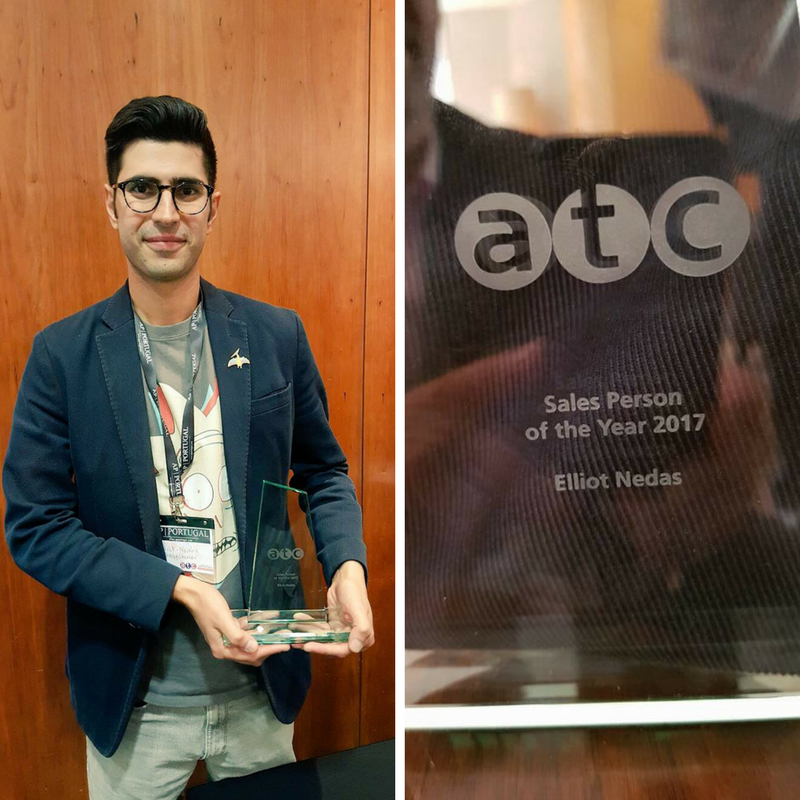 Image of Elliot Nedas with ATC Sales Person of the Year award. Also includes a close-up of trophy.