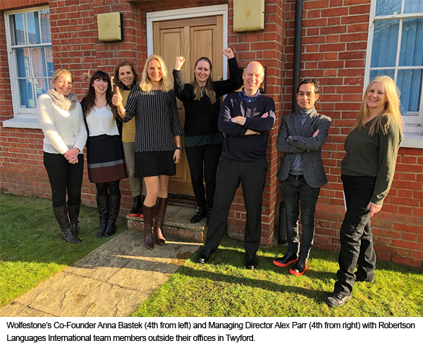 Wolfestone's Co-Founder Anna Bastek (4th from left) and Managing Director Alex Parr (4th from right) with Robertson Languages International team members outside their offices in Twyford.