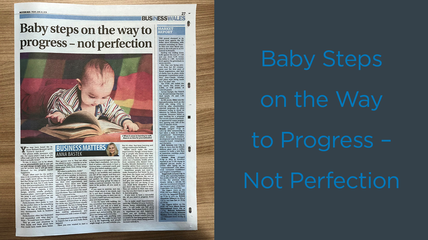 Left-hand side of image is Anna; Right-hand side of image is article headline "Baby steps on the way to progress - not perfection."