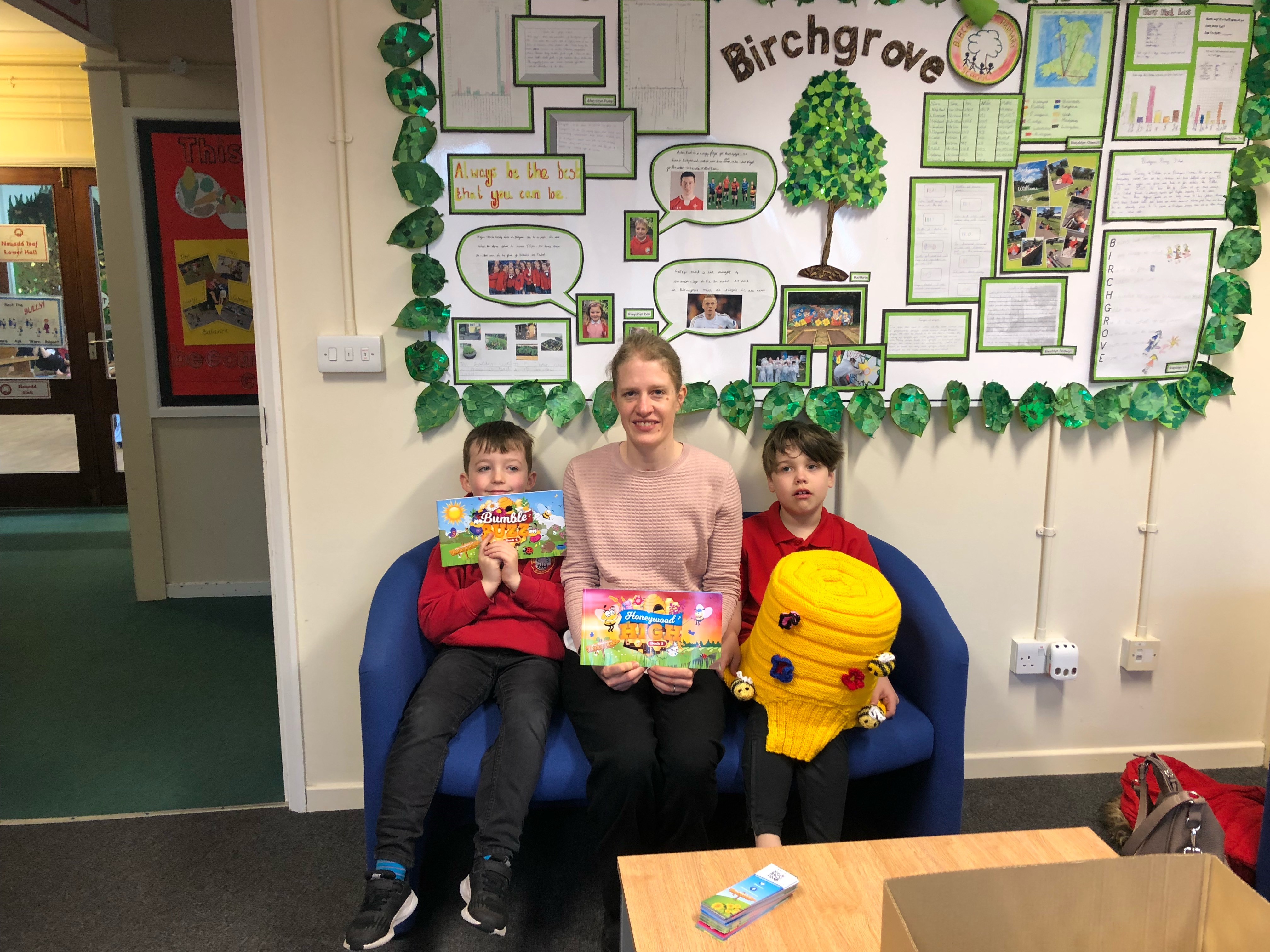 Wolfestone staff member with children at a Swansea school Bumbles of Honeywood project