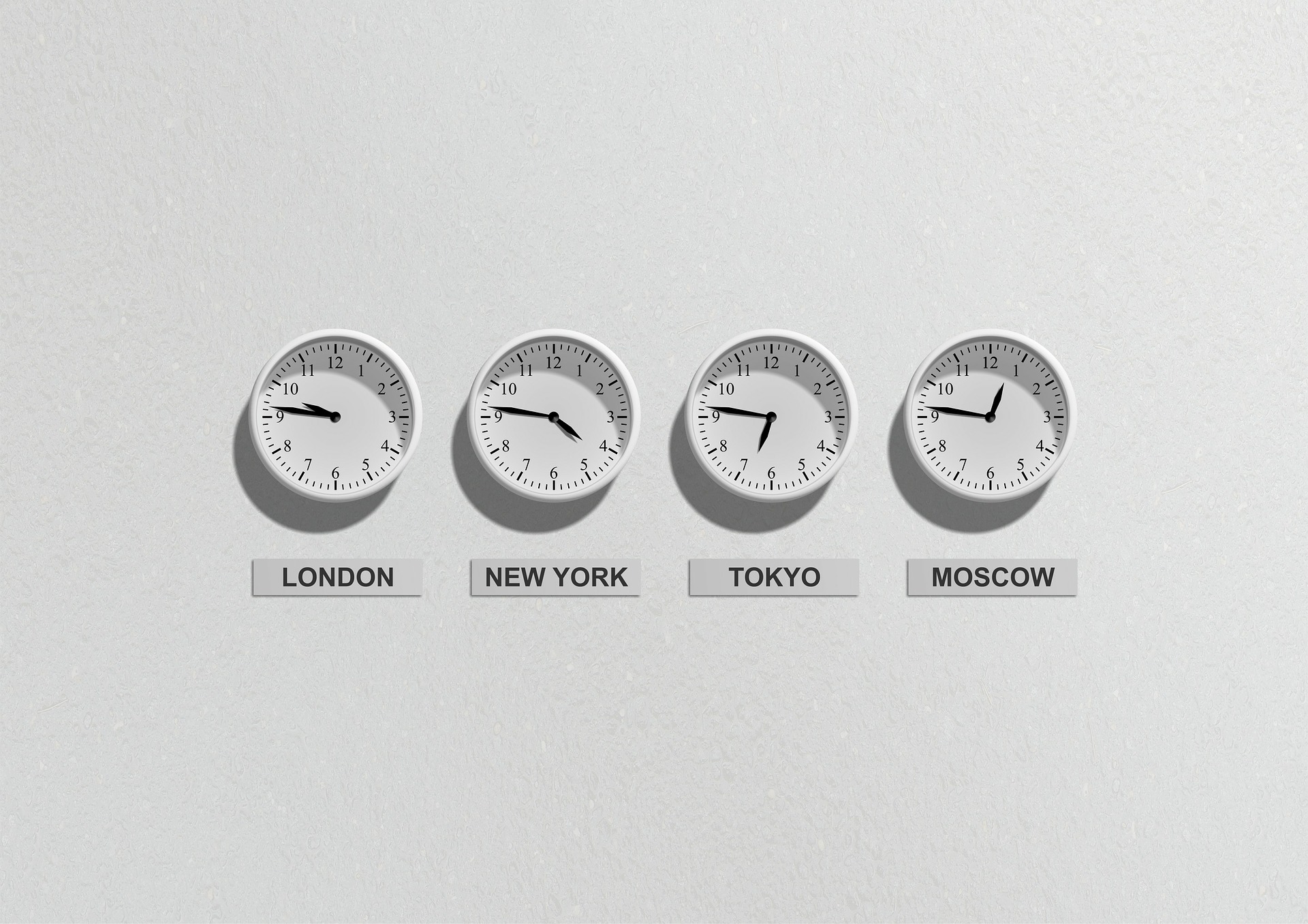 Clocks on wall indicating different time zones