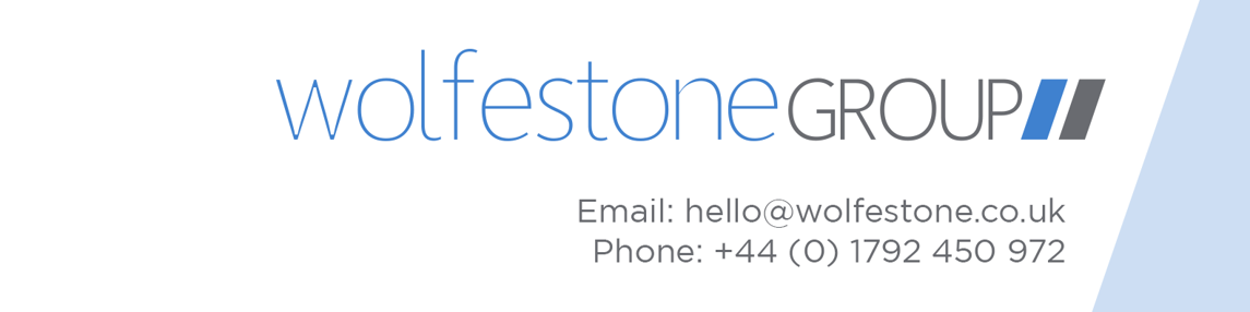 Wolfestone Group logo with email: hello@wolfestone.co.uk and telephone number: +44 (0) 1792 450 972